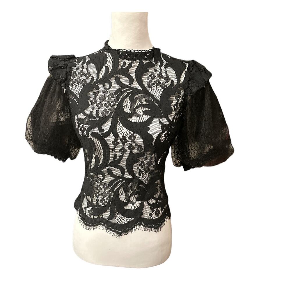 Peach Small Black Lace Sheer Short Sleeve Top